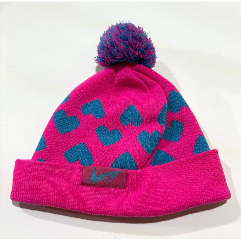 Neff Women's Pink/Blue Knit Beanie Hat Hearts Pattern Pom Pom Logo One Size
